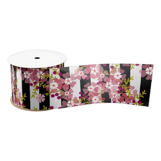 Ruban En Satin Fleurs roses (Bobine)