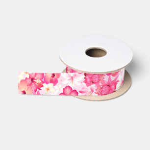 Ruban En Satin Fleurs roses et blanches tropicales
