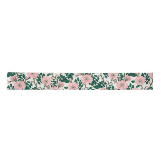 Ruban En Satin Fleurs Roses roses et Motif Feuille vert (Devant)