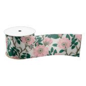 Ruban En Satin Fleurs Roses roses et Motif Feuille vert (Bobine)