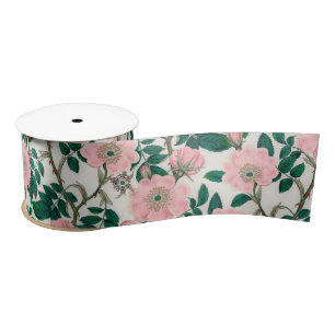 Ruban En Satin Fleurs Roses roses et Motif Feuille vert