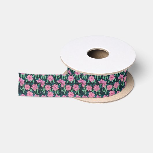 Ruban En Satin Fleurs roses sur noir (Bobine)