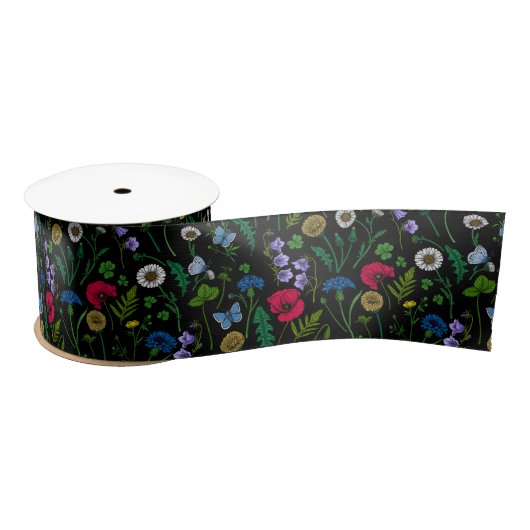 Ruban En Satin Fleurs sauvages en noir (Bobine)