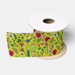 Ruban En Satin Fleurs sauvages et papillons de nuit en vert