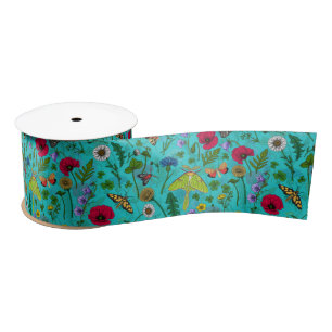 Ruban En Satin Fleurs sauvages et papillons de nuit sur turquoise