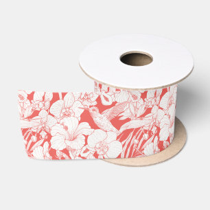 Ruban En Satin Fleurs tropicales et colibri en corail et dépareil