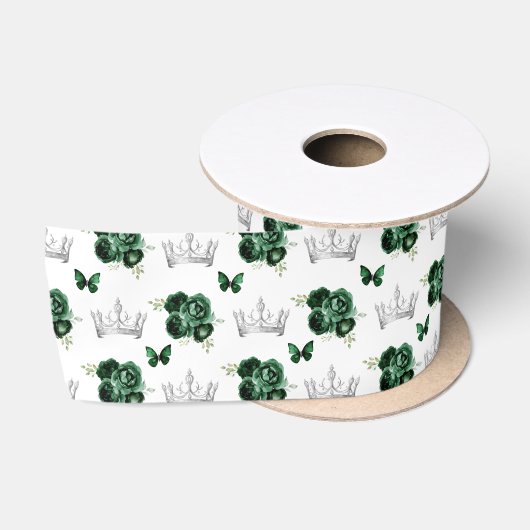 Ruban En Satin Fleurs vert foncé et couronnes argentées (Bobine)
