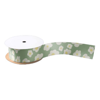 Ruban En Satin Fleurs vertes et blanches