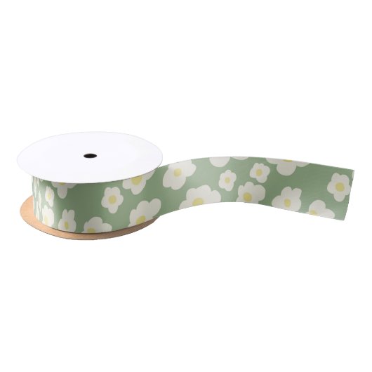 Ruban En Satin Fleurs vertes et blanches  (Bobine)