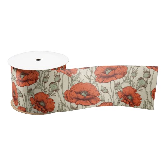 Ruban En Satin Fleurs vintages de pavot (Bobine)
