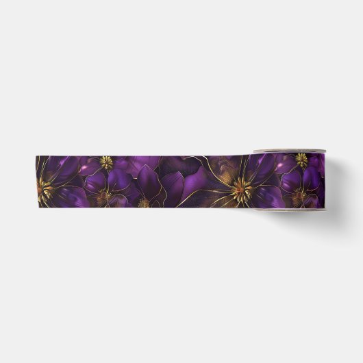 Ruban En Satin Fleurs violettes et dorées (Devant)