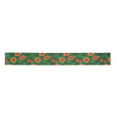 Ruban En Satin Fleurs Zinnia orange, feuilles verts sur vert fonc (Devant)
