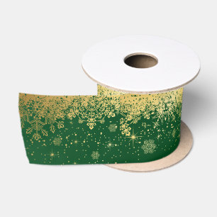 Ruban En Satin Flocons de neige vert-foncé et d'or de Noël