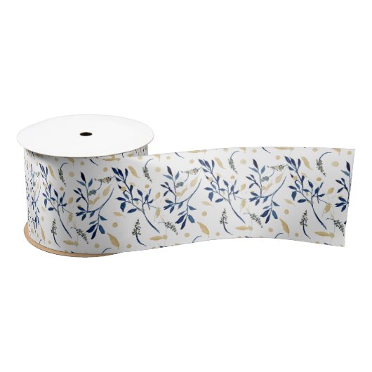 Ruban En Satin Floral d'aquarelle marine et or (Bobine)