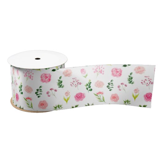 Ruban En Satin Floral Pink Roses with Foliage (Bobine)