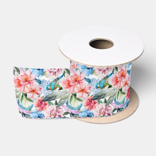 Ruban En Satin Flore Fleurs de feuillage Vert Bleu (Bobine)