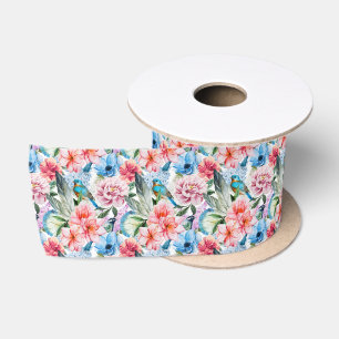 Ruban En Satin Flore Fleurs de feuillage Vert Bleu