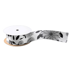 Ruban En Satin Flores Gris Noir Design Satin Ruban