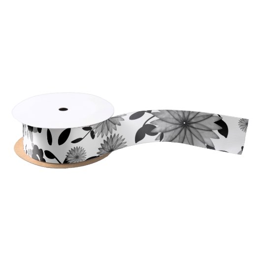 Ruban En Satin Flores Gris Noir Design Satin Ruban (Bobine)