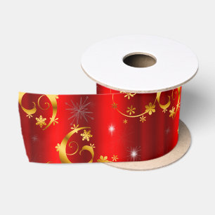 Ruban En Satin Flûtes d'or et étoiles Noël rouge