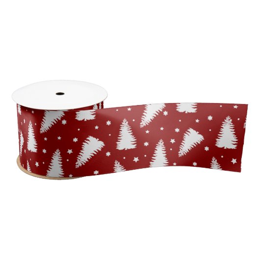 Ruban En Satin forêt de pins neige rouge moderne (Bobine)