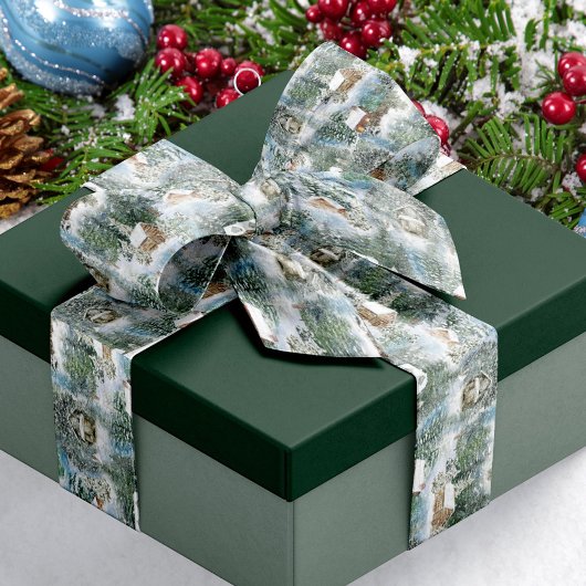Ruban En Satin Forêt neigeuse Bois rustique Cabines Noël