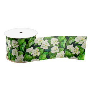 Ruban En Satin Gardenias blanches et Feuilles verts de Jade