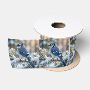 Ruban En Satin Geai bleu perché sur un pin enneigé