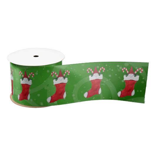Ruban En Satin Gnome hérissée à Noël Stocking Green Swirls (Bobine)