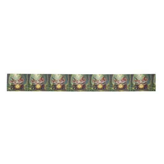 Ruban En Satin Gnomes Forestiers Avec Ancienne Horloge (Devant)