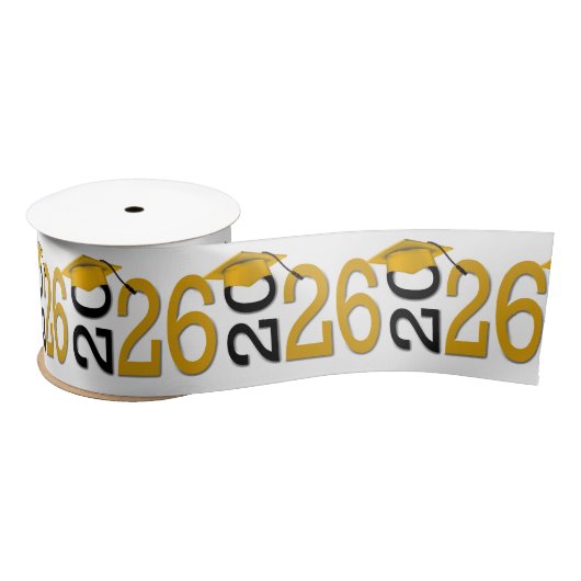Ruban En Satin Graduation 2026 Gold Hats on Black Text (Bobine)