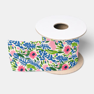 Ruban En Satin Gras Floral bleu rose vert Maximaliste Motif