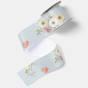 Ruban En Satin Gris Bleu Doux Rose Mousse Floral Aquarelle