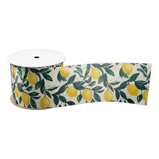 Ruban En Satin Hand-painted style Bright Yellow Lemon Patterned (Bobine)