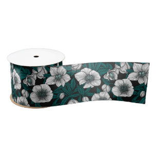 Ruban En Satin Hellebores blancs avec feuilles bleus