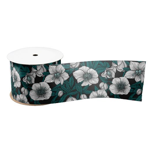 Ruban En Satin Hellebores blancs avec feuilles bleus (Bobine)