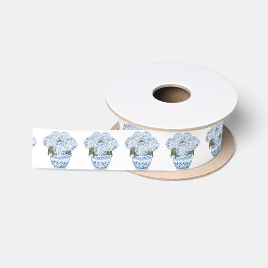 Ruban En Satin Hortensias bleus dans un pot de chinoiserie (Bobine)