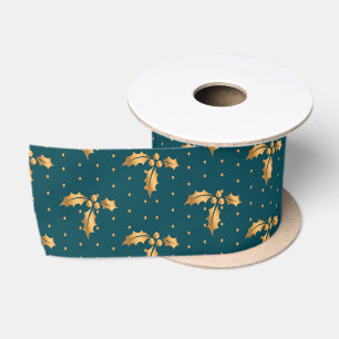 Ruban En Satin Houx de Noël or et bleu sarcelle