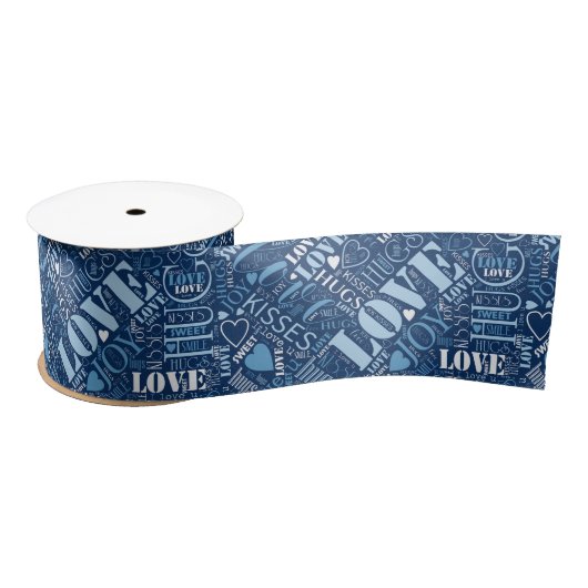 Ruban En Satin Hugs and Kisses Word Cloud Blue ID286 (Bobine)
