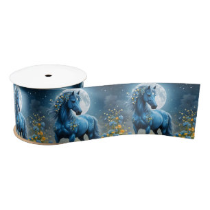 Ruban En Satin Imaginaire Bleu Magique Cheval Lune Fleurs,