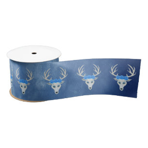 Ruban En Satin Imaginaire White Cerfs Antlers Roses Misty Blue
