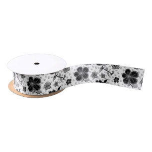Ruban En Satin Impression florale noire et blanche