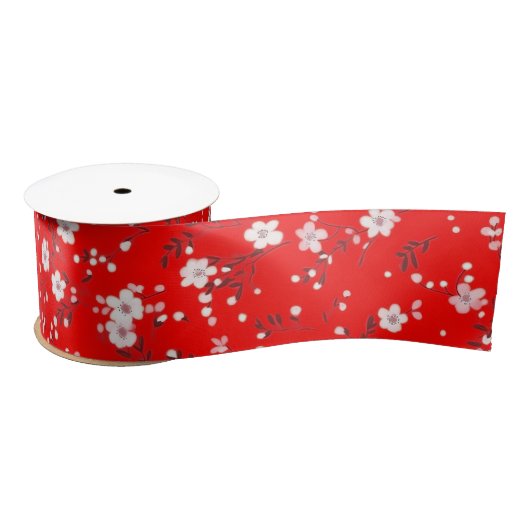 Ruban En Satin Impression Posy Blanc Sur Rouge (Bobine)