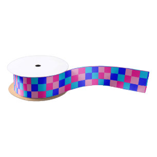 Ruban En Satin Imprimé à carreaux rose et bleu