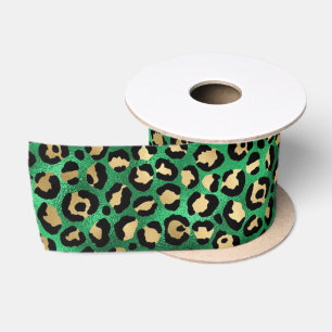 Ruban En Satin Imprimé Bold Green Léopard   Motif Animal Glamour