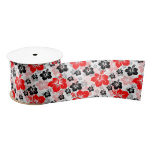 Ruban En Satin Imprimé floral d'Hibiscus Tropical Rouge Noir