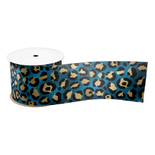 Ruban En Satin Imprimé Léopard Bleu Gras   Motif Animal Glamour