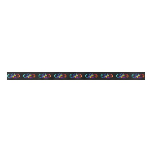 Ruban En Satin Infini vibrant avec papillon arc-en-ciel sur noir  (Devant)