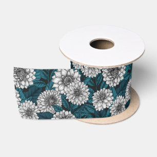 Ruban En Satin Jardin blanc Dahlia / feuilles bleus 2