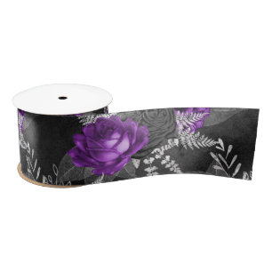 Ruban En Satin Jardin noir des Feuilles d'argent des Roses violet